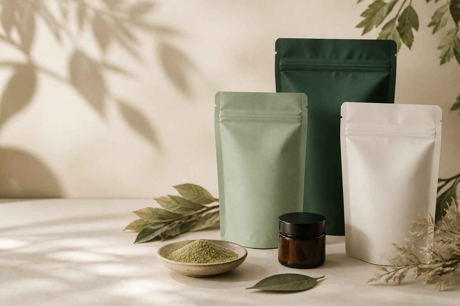 Unlabeled premium botanical pouches and amber jar on a warm cream surface